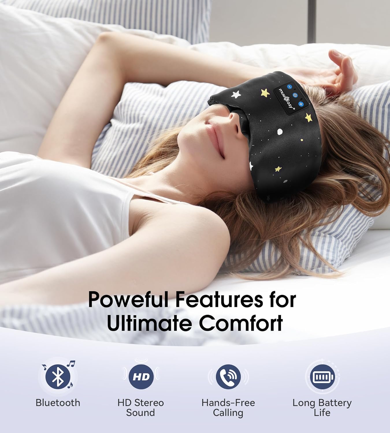 MUSICOZY Mulberry Silk Bluetooth Sleep Mask with HD Stereo Sound, Wireless Sleep Headband Headphones for Side Sleepers, Adjustable Size, Total Light Blocking, Perfect for Travel Relaxation Sleep