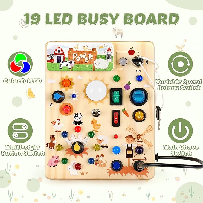 Joyreal Wooden Busy Board with LED Light, Montessori Toddler Toys, Wooden Sensory Board, Toddlers Activity Travel Toys for Boy & Girl Birthday Gift (Farm Theme)-BubblyBeeBaby