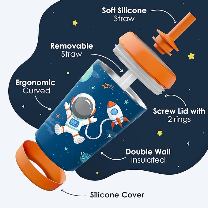 Kid Insulated Stainless Steel Tumbler with Silicone Straw, 12oz Sippy Cup for Kids (Astronaut)-BubblyBeeBaby