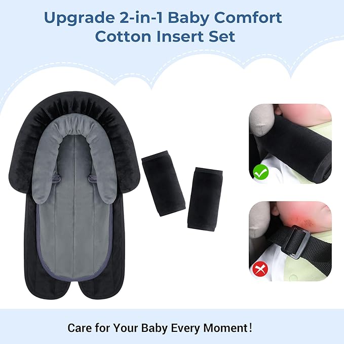 COOLBEBE New Babybody Support & Strap Covers Set for Newborn Infant Toddler- Extra Soft Stroller Cushion Pads Car Seat Insert, Perfect for Carseats, Strollers, Swings, Black-BubblyBeeBaby