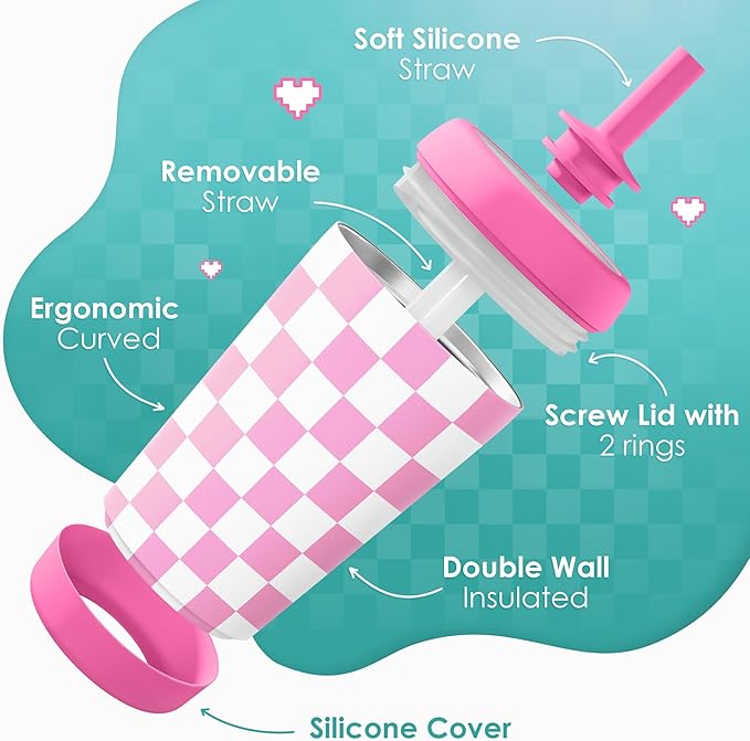 Kid Insulated Stainless Steel Tumbler with Silicone Straw, 12oz Sippy Cup for Kids (Pink Checkerboard)-BubblyBeeBaby