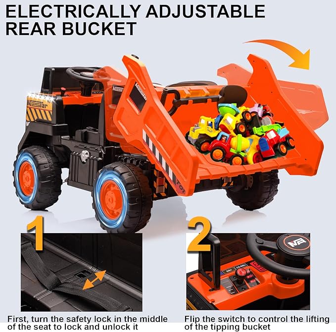 24V Ride On Dump Truck, 24inch-2 Seater Ride On Car for Kids w/Remote Control 4WD/2WD Up to 5 Mph, 24v Ride on Toys for Big Kids w/Electric Dump Bed Extra Shovel Traffic Cones (Orange)-BubblyBeeBaby