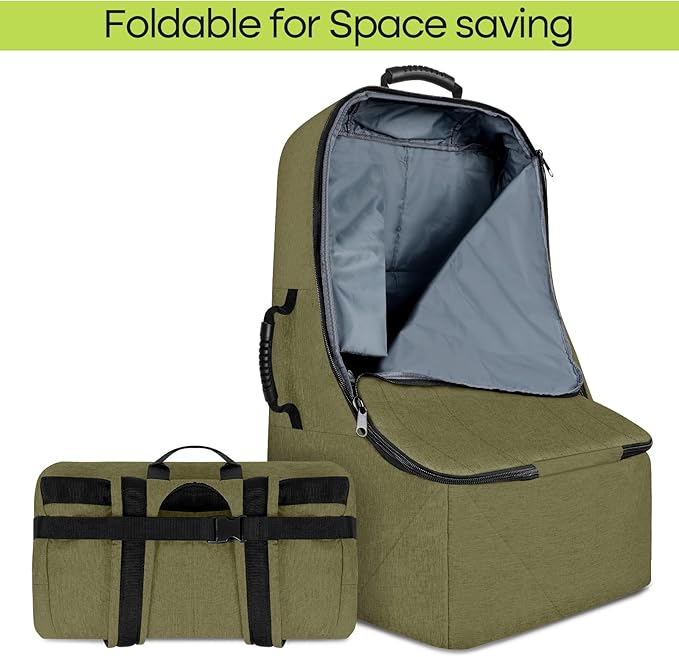 Padded Car Seat Travel Bag for Airplane, Heavy Duty Backpack for Air Travel, Water-Resistant Carrier with Shoulder Strap, Fits Most Car Seats (Green)-BubblyBeeBaby