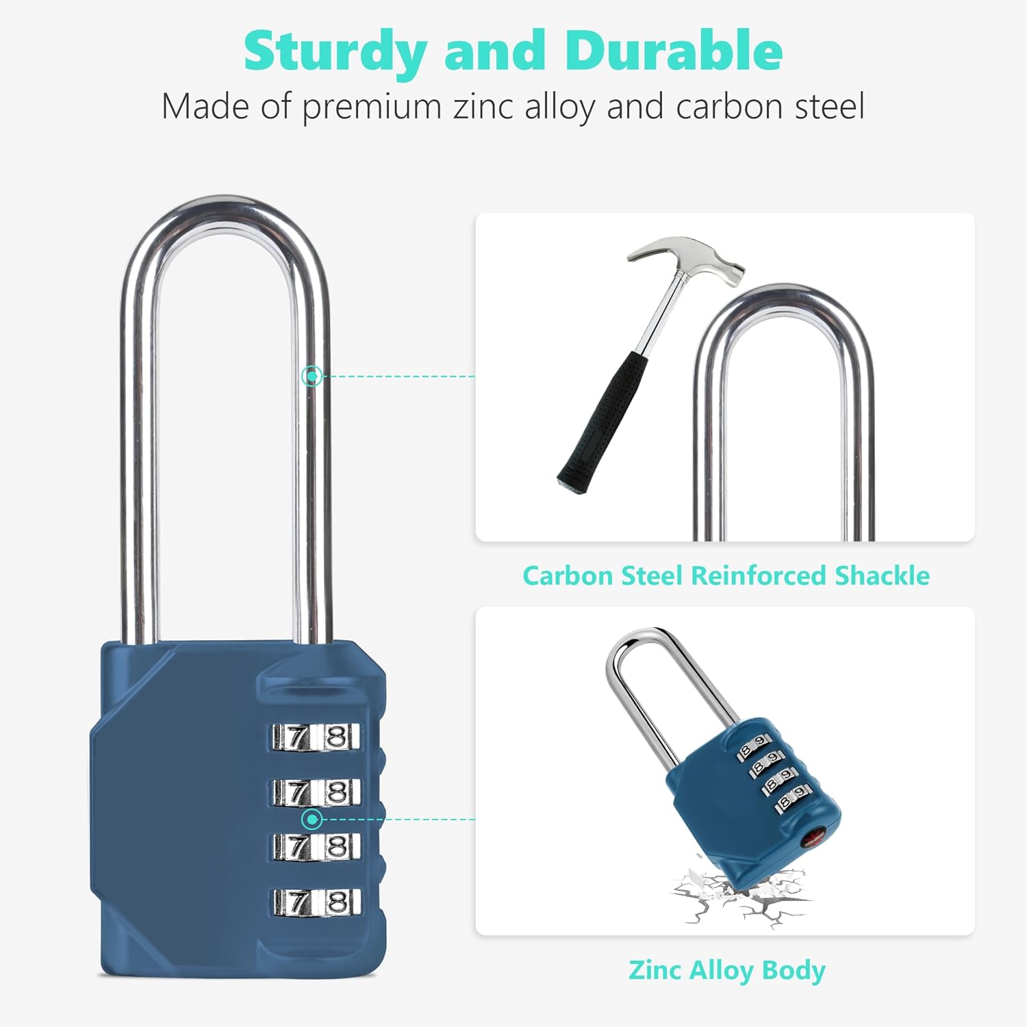 CL21BG 2.6 Inch Long Shackle Combination Lock, 4 Digit Combination Padlock Set Your own Combination for Gym Locker Lock, School, Gates, Doors, Toolbox, Hasps and Storage (Blue-Gray (L) *1)
