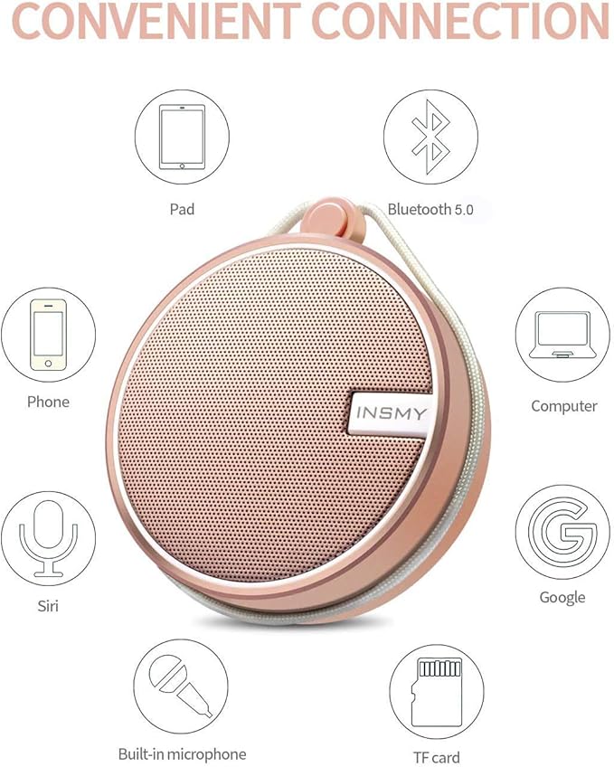 INSMY C12 IPX7 Waterproof Shower Bluetooth Speaker, Portable Small Speaker, Speakers Bluetooth Wireless Loud Clear Sound Support TF Card Suction Cup for Outdoor Kayak Canoe Beach Gift (Cashmere Pink)-BubblyBeeBaby