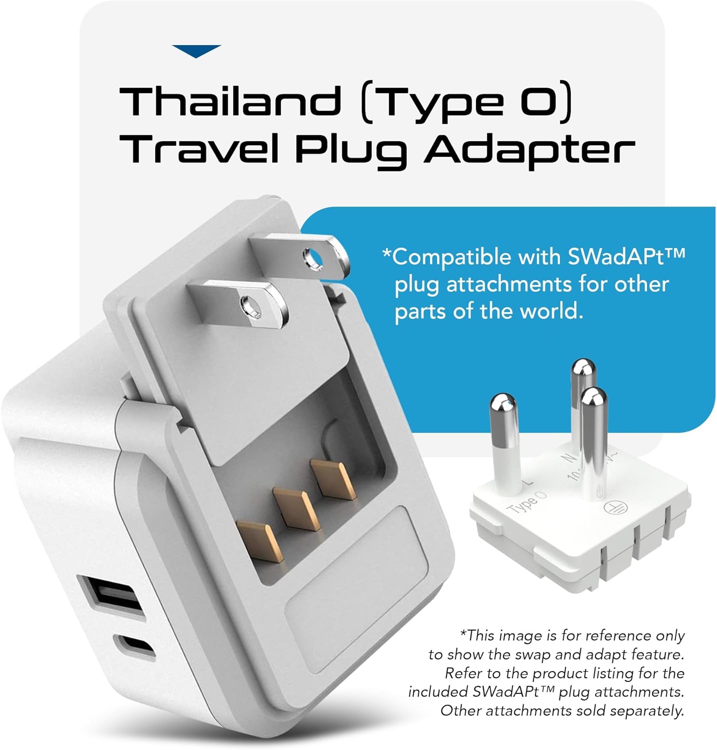 Ceptics Thailand Travel Adapter Set, PAK KIT 20W PD & QC, Type O - 3.1A - 4 in 1-2 USA Inputs, 1 USB Port, 1 USB-C Port - Compact, Powerful - Includes Type O Swadapt Attachments