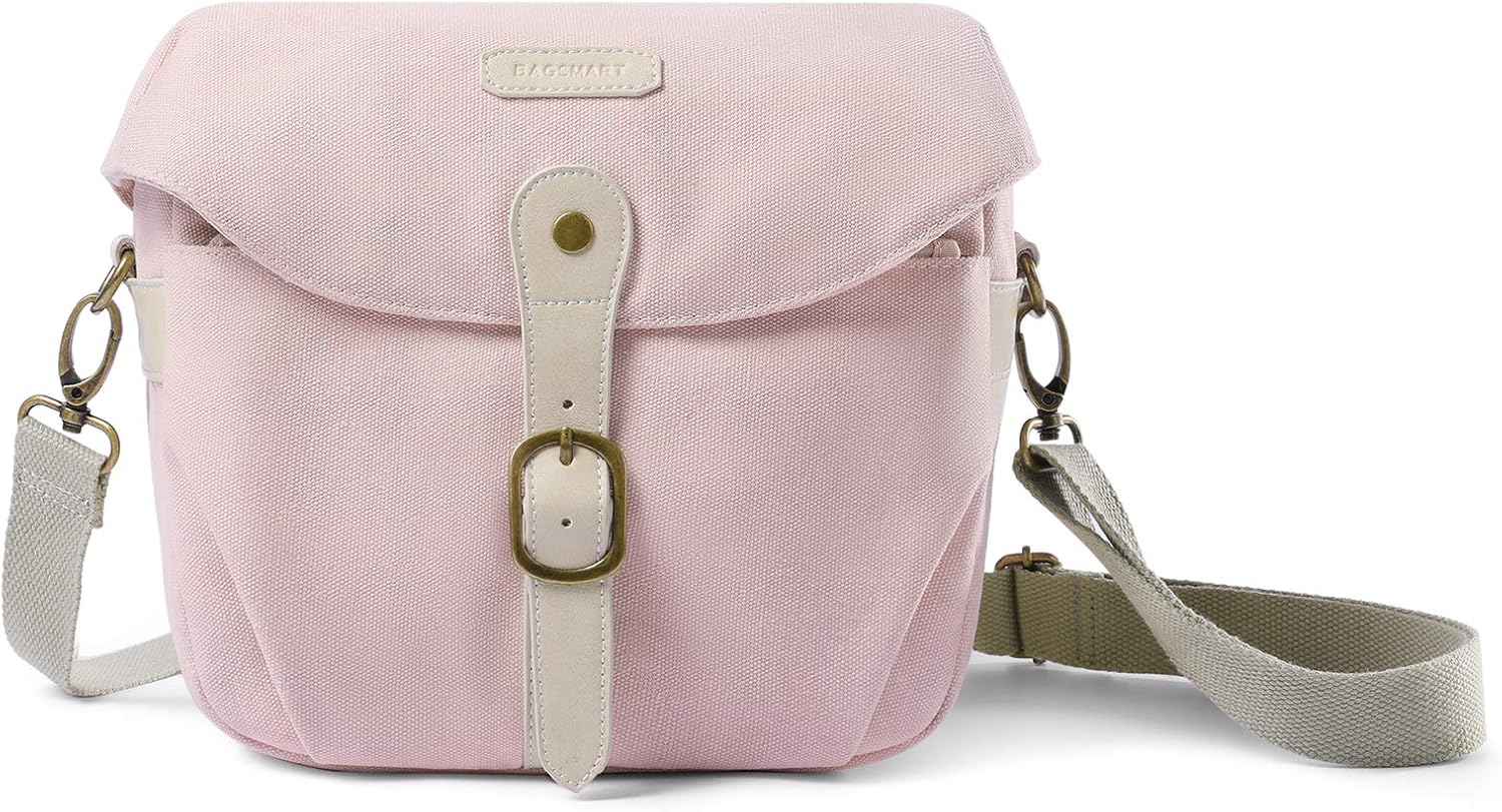 BAGSMART Camera Bag, SLR DSLR Canvas Crossbody Camera Case, Compact Camera Shoulder Bag with Rain Cover for Women and Men, Pink