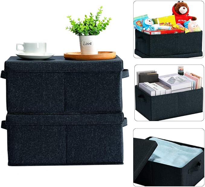 HOONEX Linen Foldable Storage Bins with Lids, 2 Pack, Storage Boxes with Carrying Handles and Sturdy Heavy Cardboard, 16.5" L x 11.8" W x 7.5" H for Shoes, Books, Clothes, Nursery, Dark Grey-BubblyBeeBaby