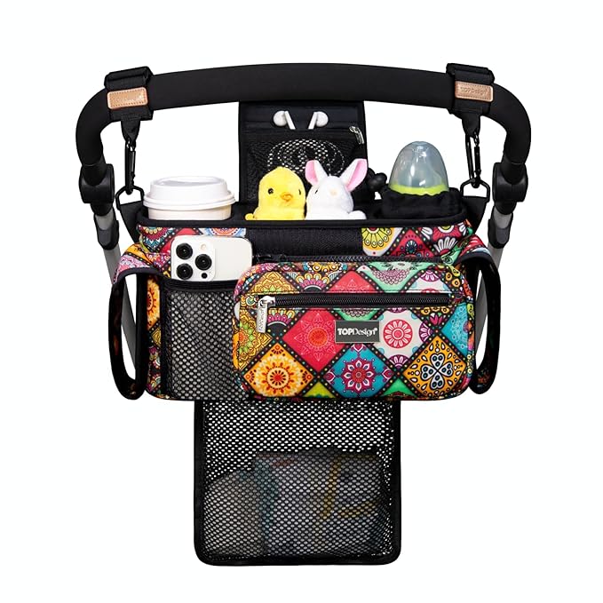 TOPDesign Universal Baby Stroller Organizer, Stroller Caddy with Detachable Mesh Bag & Heightened Insulated Cup Holders & Non-Slip Secure Hooks Accessories, Fits Most Strollers (Yoga)-BubblyBeeBaby
