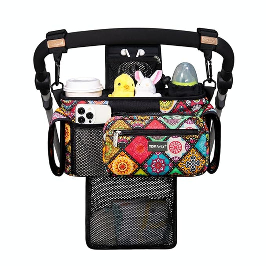 TOPDesign Universal Baby Stroller Organizer, Stroller Caddy with Detachable Mesh Bag & Heightened Insulated Cup Holders & Non-Slip Secure Hooks Accessories, Fits Most Strollers (Yoga)-BubblyBeeBaby