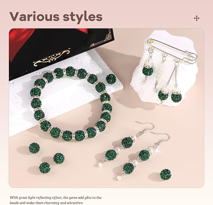 160pcs 10mm Rhinestone Beads for Jewelry Making, Dark Green Shiny Round Disco Ball Beads Bulk, Sparkle Crystal Clay Christmas for Bracelet Baseball Necklace Earring Crafting and DIY-BubblyBeeBaby