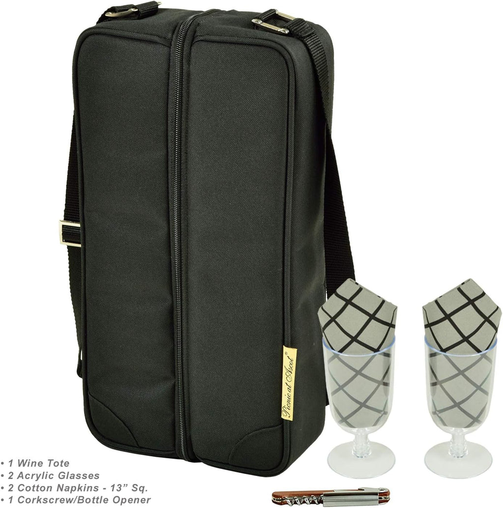 Picnic at Ascot Insulated Wine Tote with 2 Wine Glasses, Napkins and Corkscrew -Designed & Assembled in the USA