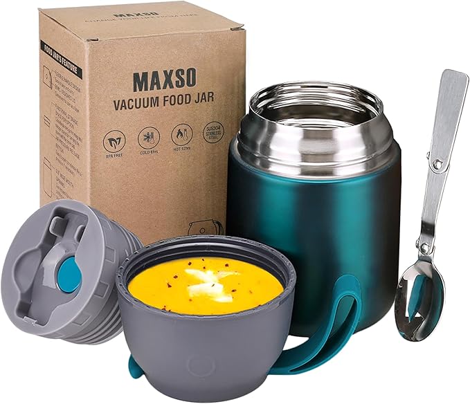 Insulated Thermo Food Jar for Hot & Cold Food for Kids Adult, 17 oz Soup Thermal Hot Food Containers for Lunch, Triple Layer Insulation Stainless Steel Food Jar with Spoon (Green)-BubblyBeeBaby