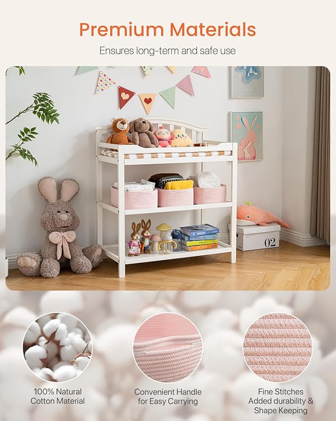 KALLAX Small Woven Basket, 13.5 x 9.5 x 5 Inches, Storage Basket for Organizing, Cute Small Rope Shelf Closet Cube Storage Bins Baskets for Shelves, Dog Toy Gift Baskets Empty, 3 Pack Light Pink-BubblyBeeBaby