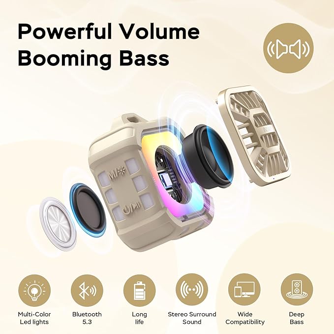 INSMY Shower Bluetooth Speaker, IP67 Waterproof Portable Small Multi Sync 100+ Speakers, Big Volume Booming Bass, 24H Playtime/Floatable/RGB Lights for Outdoor/Kayak/Beach/Golf (Khaki)-BubblyBeeBaby