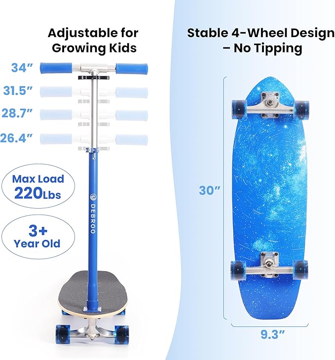 2-in-1 Kids Skateboard & Lean-to-Steer Scooter with Detachable Handlebar, LED Light-Up Wheels, Adjustable Height – Beginner Surf Skateboard for Ages 3+-BubblyBeeBaby