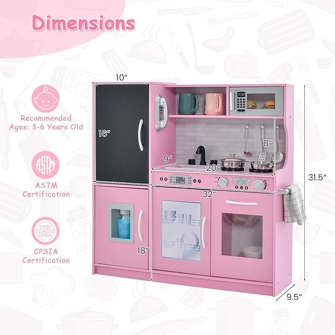 HONEY JOY Pink Kids Kitchen Playset, Wooden Little Chef Pretend Toy Kitchen Set w/Chalkboard, Telephone, Utensils, Oven, Microwave, Sink, Play Kitchen for Toddlers, Gift for Boys Girls, Pink-BubblyBeeBaby