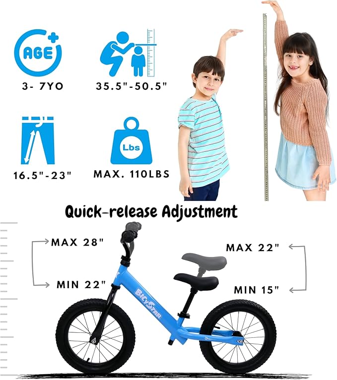14 Inch Balance Bike for Kids 3-7 Year Old, Kids Bike with No Pedals, Air Rubber Tires, Adjustable Height, Pedalless Kids Bicycle for Boys, Girls-BubblyBeeBaby