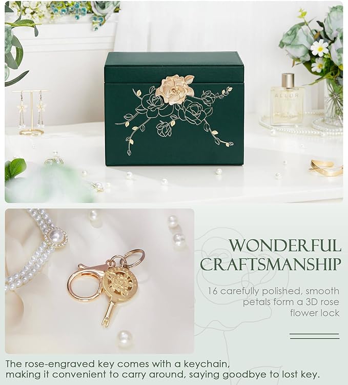 Jewelry Box with Lock for Girls: Jewelry Organizer for Dresser - 3-Drawer Earrings Storage Girls Women Gift (Dark Green)-BubblyBeeBaby