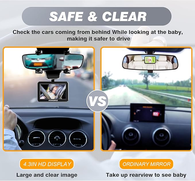 Baby Mirror for Car, ATOROBROS Baby Car Camera for Rear-Facing Seat with 4.3'' HD Display, Upgrade 360° Rearview Mirror Display Bracket, Easy and Safe to See Baby while Driving-BubblyBeeBaby
