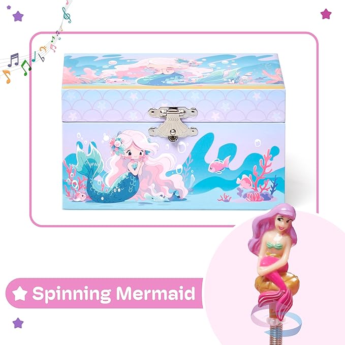 Jewelkeeper Girls Musical Jewelry Box - Durable Pine Fiberboard with Soft Pink Lining - Kids Jewelry Box - The Beautiful Dreamer Tune - Gifts for Girls - Mermaid Jewellery Box - 6x4x3.5in-BubblyBeeBaby