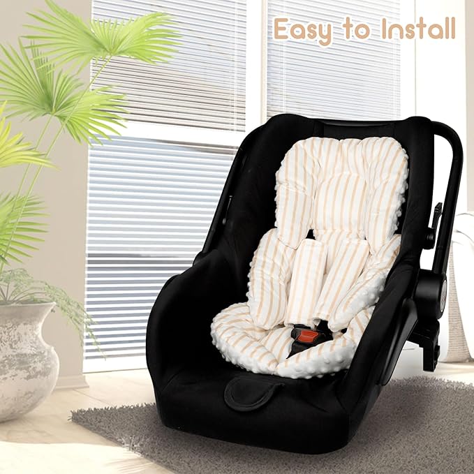 Infant Car Seat Insert, Car Seat Head Support Baby Girls Boys, Soft & Reversible Newborn Carseat Insert Cushion with 2 Strap Covers, for Stroller, Swing, Bouncer (Brown Line)-BubblyBeeBaby