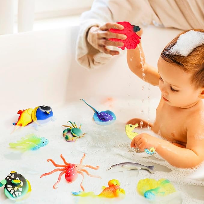 10 Pcs Fish Animal Figure Bath Toys, Sea Animal Color Changing Toys, Sea Creatures for Kids 3 Years and up, for Themed Parties, Cake Topper, Kids Easter Basket-BubblyBeeBaby
