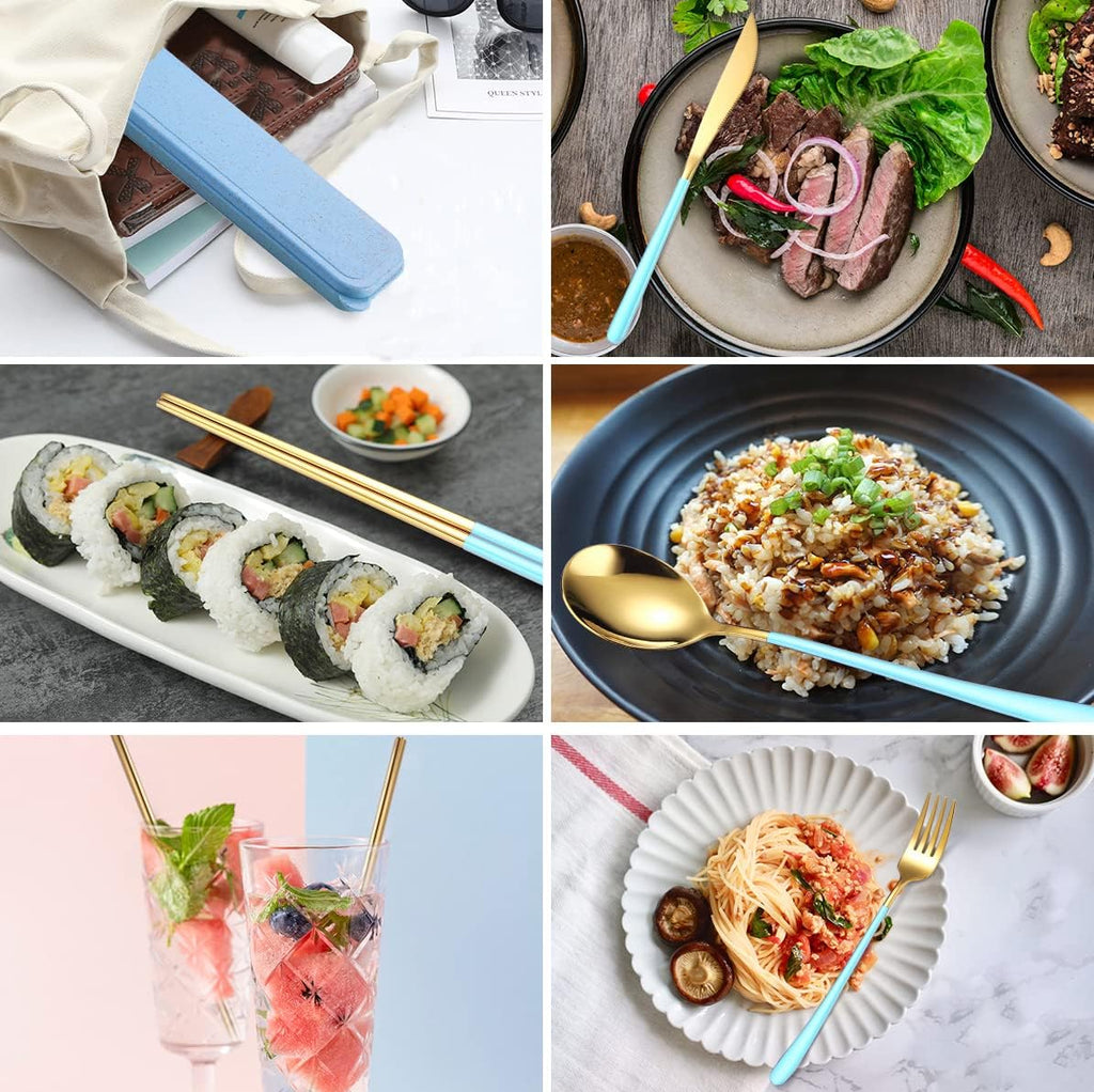 AARAINBOW 6 Pieces 18/8 Stainless Steel Flatware Set Portable Reusable Cutlery Set Travel Utensils Set Including Chopsticks Knife Fork Spoon Straws Cleaning Brush Dishwasher Safe (Light Blue Golden)