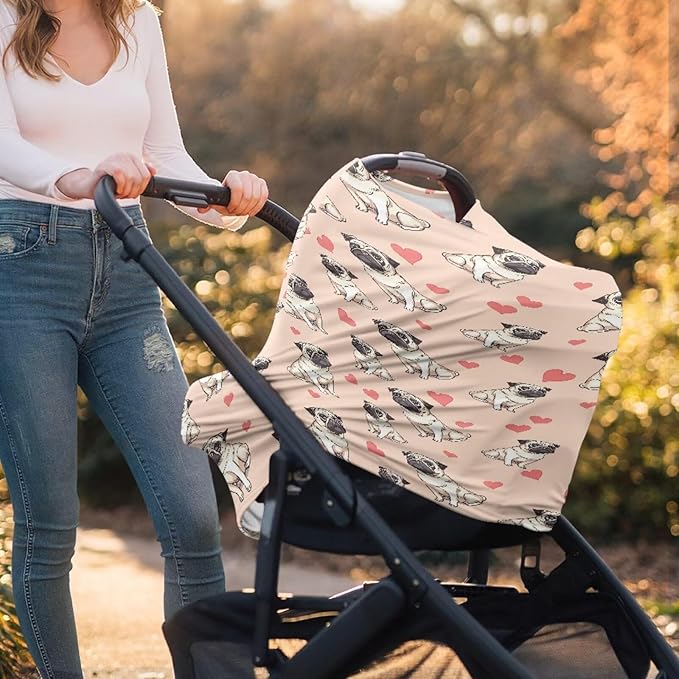 Binienty Cute Bulldog Print Baby Car Seat Canopy Cover Multi Use Nursing Cover for Newborn Boys Girls Soft Breathable Newborn Carrier/Stroller/Shopping Car-BubblyBeeBaby