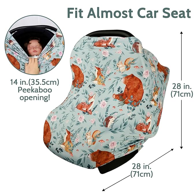 Baby Car Seat Cover, Multi-use Nursing Cover for Breastfeeding, Stretchy Stroller Cover Boys Girls, Stretchy Carseat Canopy, Soft Breathable, Woodland Animal Bear-BubblyBeeBaby