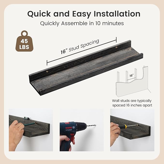 24 Inches Floating Shelves for Wall, Solid Pine Wood Picture Ledge Shelves, Wall Shelves with Lips, Nursery Book Shelves for Toys Storage Living Room Bedroom Photo Frames (2 Pcs, Grey)-BubblyBeeBaby