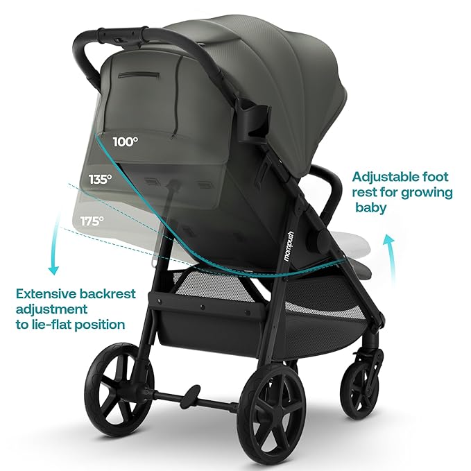 Mompush Nova Baby Stroller for Toddler, Infant & Newborn | Spacious Seat & Lie-Flat Mode | Compact One-Hand Fold, UPF 50+ Canopy & All-Wheel Suspension | Includes Rain Cover & Cup Holder, Green-BubblyBeeBaby