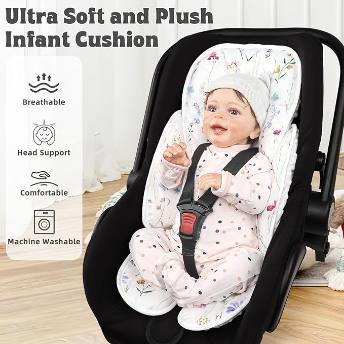 Pea Pod Infant Car Seat Pad 2-in-1 Baby Car Seat Head & Body Support for Newborn Girl Reversible 3 Layer Warm Preemie Carseat Stroller Cushion Headrest with Soft Minky Dot Fabric, Wildflower-BubblyBeeBaby