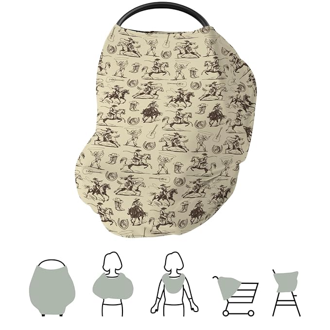 Vintage Cowboy Car Seat Cover for Baby Western Horses Boots Hats Guitar Stretchy 5-in-1 Covers Adjustable Car Canopy Breastfeeding Cover Country Western Breathable Nursing Cover-Up-BubblyBeeBaby