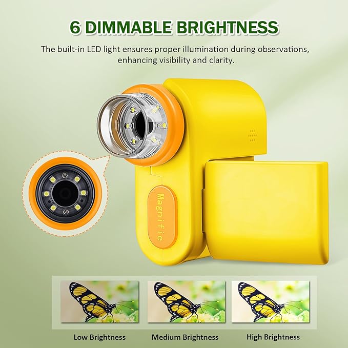 1000X Handheld Microscope for Kids, 4K 2.0" Screen Mini Pocket Microscope with 6 Adjustable LED Lights, Edu Science Birthday Gifts for Kids Ages 8-12, 32G SD Card Included - Yellow-BubblyBeeBaby
