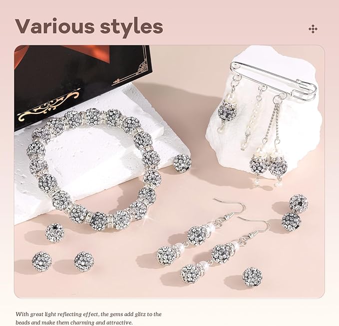 200pcs 10mm Rhinestone Beads for Jewelry Making, Black White Shiny Round Disco Ball Beads Bulk, Sparkle Crystal Clay Christmas for Bracelet Baseball Necklace Earring Crafting and DIY-BubblyBeeBaby