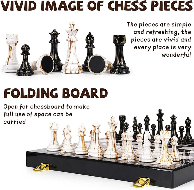 15" Large Chess Set for Adults with Weighted Acrylic Chess Pieces 3.5" King & Portable Folding Marbling Wooden Chess Board Travel Chess Sets Family Board Game Gift – Elegant Classic Chess Game-BubblyBeeBaby
