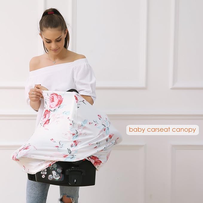 Baby Car Seat Covers - Stroller Canopy Breastfeeding Covers, Multi-use Carseat Canopy, for Boys and Girls Shower Gift (Print Flower)-BubblyBeeBaby