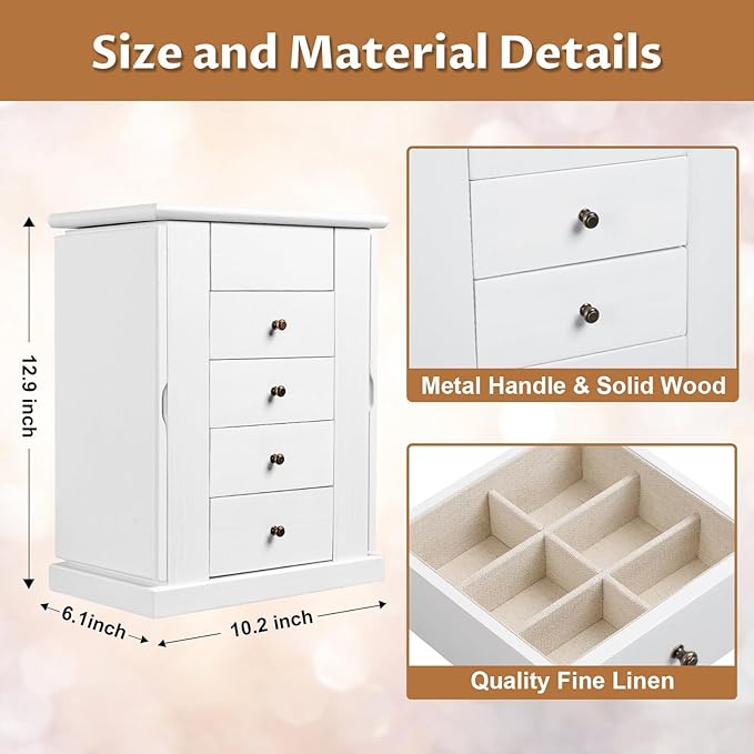 Jewelry Box for Women, 5 Layer Large Wood Jewelry Boxes & Organizers for Necklaces Earrings Rings Bracelets, Rustic Jewelry Organizer Box with Drawers and Mirror (Vintage White)-BubblyBeeBaby