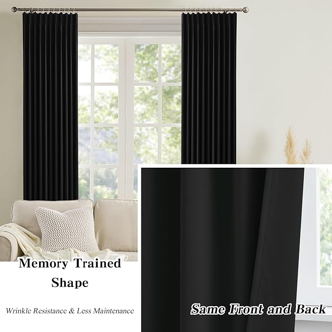 KEQIAOSUOCAI 72 Inch Wide Black Pinch Pleated Curtains 72 x 100, Thermal Insulated Noise Cancelling Living Room Office Drapes 100 Inches Long, Patio Sliding Glass Door Window Curtain 2 Panels-BubblyBeeBaby