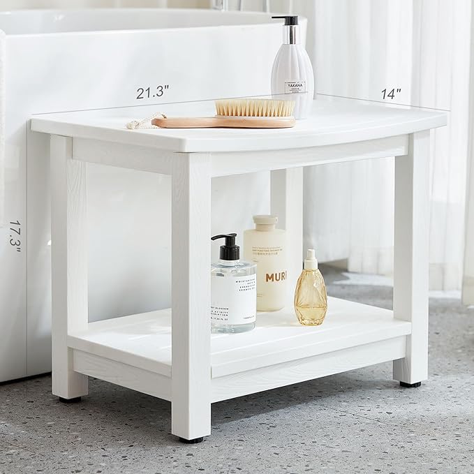 Heavy Duty Shower Bench for Inside Shower, White Poly Bathroom Stool for Shaving Legs or Spa Bath Seat, Waterproof Plastic Bathroom Chair Seat with Adjustable Feet, Non-Slip-BubblyBeeBaby