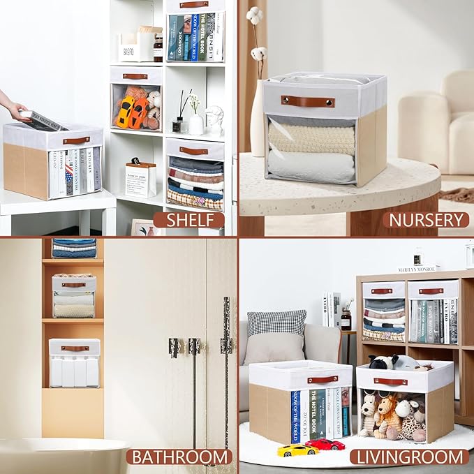 HNZIGE Fabirc Storage Cube Bins 13x13x15 Storage Cube Bins, 4 Pack Foldable Decorative Clear Cube Storage Bins for Cube Organizer Canvas Cubby Storage Organizer Bins for Shelves Pantry- White Beige-BubblyBeeBaby
