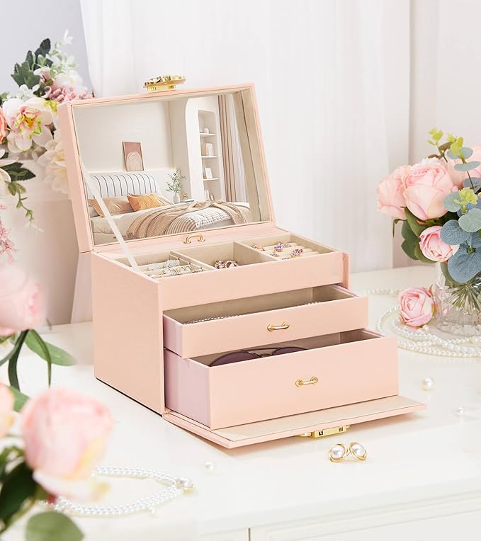 Jewelry Box with Lock for Girls: Jewelry Organizer for Dresser - 3-Drawer Earrings Storage Girls Women Gift (Peach Pink)-BubblyBeeBaby