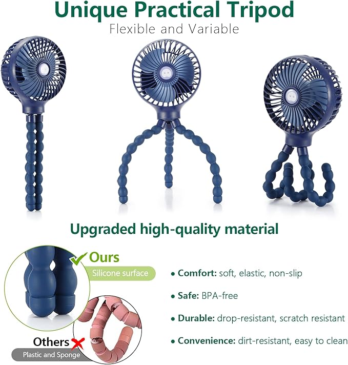 snawowo Mini Handheld Personal Portable Fan, Baby Stroller Fan, Car Seat USB or Battery Powered, with Flexible Tripod Clip on Student Bed Desk Bike Crib Treadmill Camping Traveling(Navy Blue)-BubblyBeeBaby