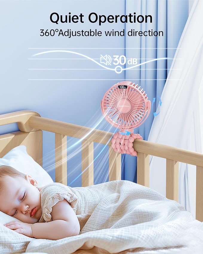 SWEETFULL Portable Stroller Fan with Display 4000mAh Battery Powered Mini Clip On Fan, 4-Speed Rechargeable Small Personal Cooling for Baby Car Seat Crib Travel - Pink-BubblyBeeBaby