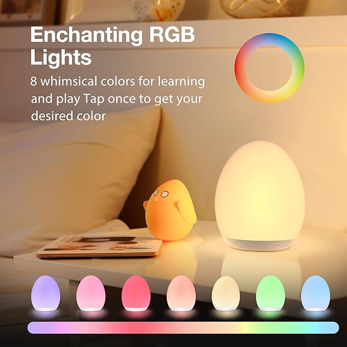 JolyWell Night Light for Kids, Baby Egg Light with 7 Colors Changing Mode & Stepless Dimming, Nursery Night Lamp BPA Free,Rechargeable Egg Night Light for Breastfeeding 1h Timer & Touch Control-BubblyBeeBaby