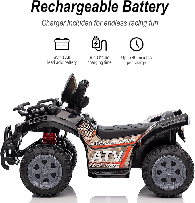 Kids ATV 4 Wheeler, 6V Ride-On Toy for Toddlers 1-3 Boys & Girls with Music, Forward & Reverse - Black-BubblyBeeBaby