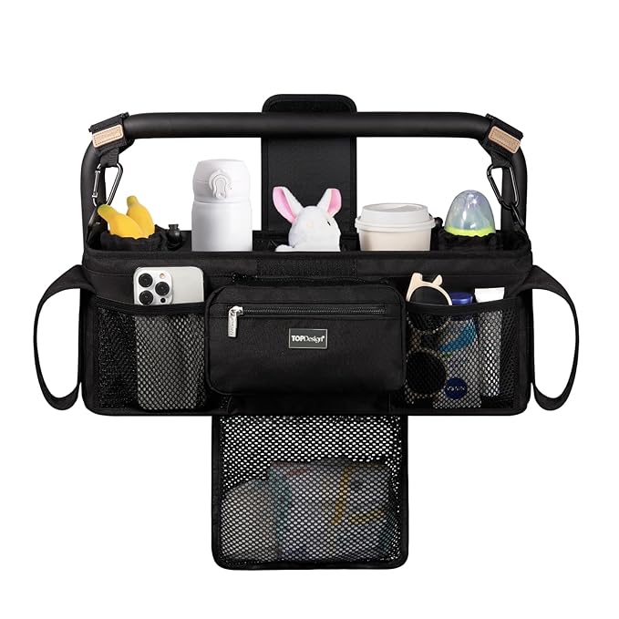 TOPDesign Universal Baby Stroller Organizer, Double Stroller Caddy with Detachable Mesh Bag & Heightened Insulated Cup Holders & Non-Slip Secure Hooks Accessories, Fits Most Strollers (Black)-BubblyBeeBaby