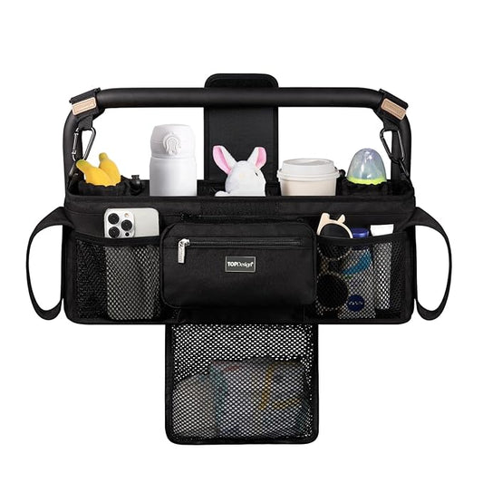 TOPDesign Universal Baby Stroller Organizer, Double Stroller Caddy with Detachable Mesh Bag & Heightened Insulated Cup Holders & Non-Slip Secure Hooks Accessories, Fits Most Strollers (Black)-BubblyBeeBaby