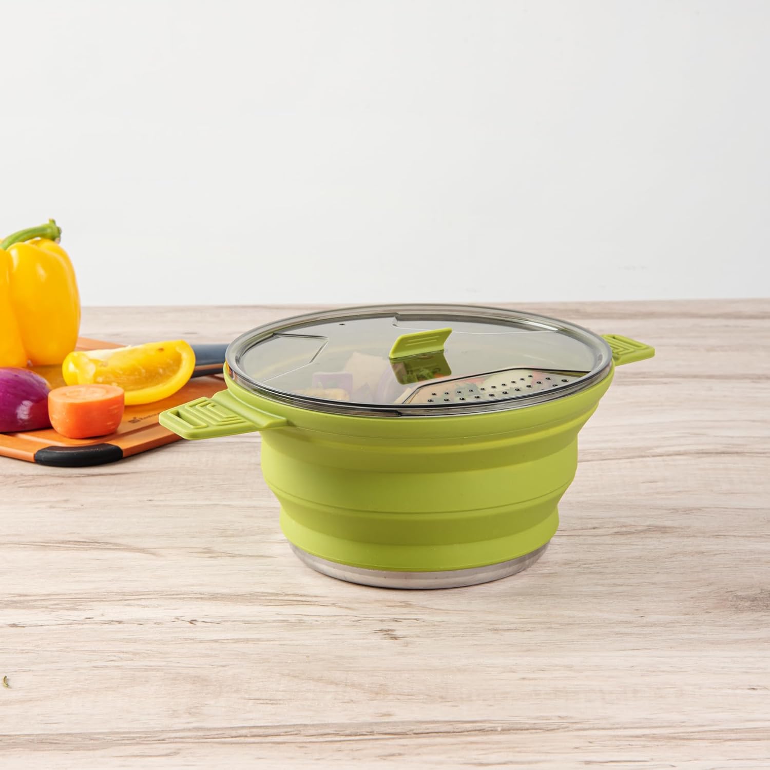 Restaurantware-Hi Tek 2.5 Liter Collapsible Camping Pot, 1 Portable Cook Pot - With Lid, Stainless Steel Bottom, Silicone Camping Cookware, For Travel Or Outdoor Hiking- Restaurantware